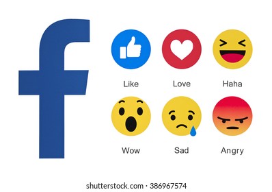 Kiev, Ukraine - March 3, 2016: New Facebook like button 6 Empathetic Emoji reactions  printed on paper. New emojis as Alternatives to the like button.  Facebook is a known social networking service. 
