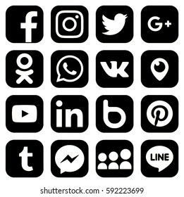KIEV, UKRAINE - MARCH 3!, 2017: Collection of popular social media logos printed on paper: Facebook, Twitter, LinkedIn, Instagram, WhatsApp, Youtube, Line and other