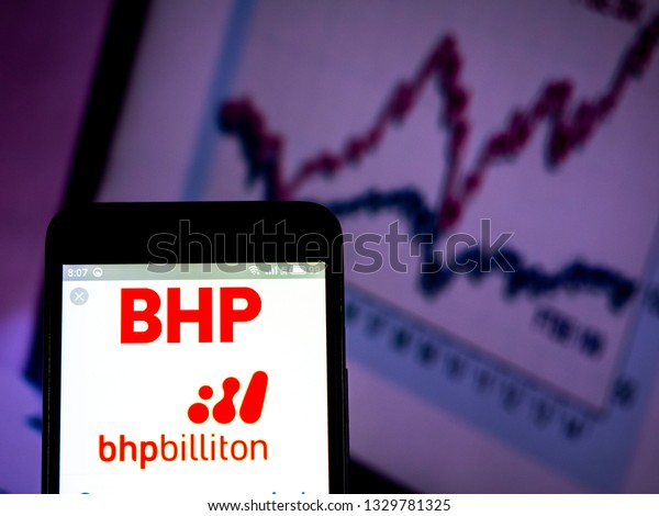 KIEV, UKRAINE - March 5, 2019: BHP Billiton\
mining company logo seen displayed on smart phone. This company is\
on the list of 350 FTSE, London,\
UK