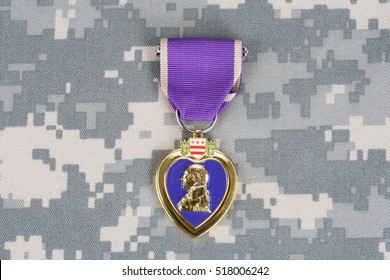 KIEV, UKRAINE - March 6, 2016. Purple Heart Award On Camouflage Uniform