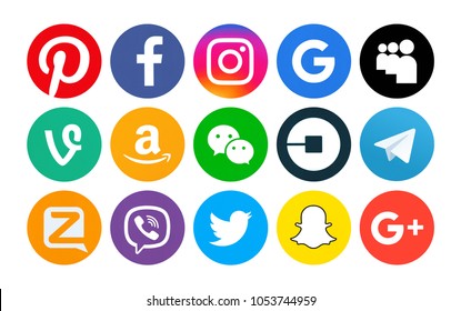 Kiev, Ukraine - March25, 2017: Set of popular social media icons printed on white paper: Facebook, Instagram, Snapchat, Google,Twitter, Tango,Amazon, Pinterest, Vine,WeChat, Viber, Zello, Viber, Uber.