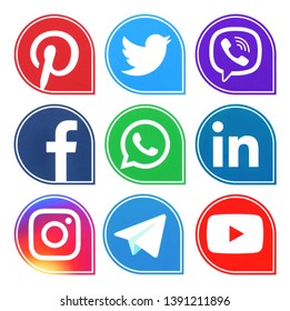 Kiev, Ukraine -May 04, 2018 Popular social media icons such as: facebook, viber, Twitter, Youtube, Pinterest, instagram, whatsapp, google plus and blogger printed on white paper