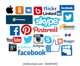  KIEV, UKRAINE - MAY 13, 2015: Set of popular social media icons: Facebook, Twitter, Skype, Instagram, Linkedin, WhatsApp, YouTube, Pinterest, Blogger, Apple, Flickr  and other printed on white paper.