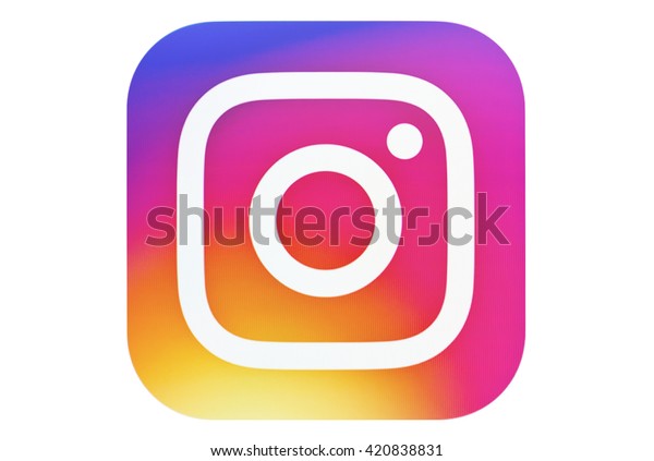 Kiev, Ukraine - May 14, 2016: New Instagram logotype camera icon, new colourful logo on pc screen. Instagram - free application for sharing photos and videos with the elements of a social network.