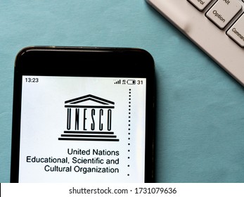 Kiev, Ukraine, May 14, 2020. Editorial Illustrative. In This Photo Illustration UNESCO Logo Is Seen Displayed On A Smartphone