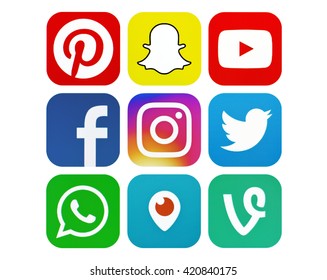 Kiev, Ukraine - May 15, 2016: Set of most popular social media icons: Facebook, Twitter, Instagram, Pinterest,WhatsApp, Youtube,Vine, Periscope, Snapchat on pc screen.