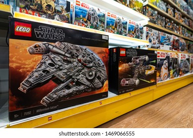 KIEV, UKRAINE - MAY 2019: Star Wars Millennium Falcon Lego ship box. Star Wars is an American epic space opera franchise centered on a film series created by George Lucas.