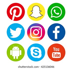 Kiev, Ukraine - May 23, 2016: Set of most popular social media icons:  Pinterest, Twitter, YouTube, WhatsApp, Snapchat, Facebook ,Skype ,instagram, Android and others logos printed on paper.