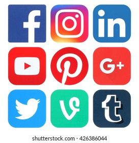 Kiev, Ukraine - May 25, 2016: Collection of popular social media logos printed on paper:Facebook, Twitter, Google Plus, Instagram, Pinterest, LinkedIn, YouTube, Tumblr and Vine