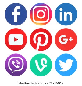 Kiev, Ukraine - May 26, 2016: Collection of popular round social media logos printed on paper:Facebook, Twitter, Google Plus, Instagram, LinkedIn, Pinterest, Vine, Youtube and Viber