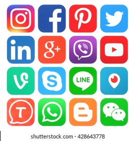 Kiev, Ukraine - May 30, 2016: Collection of popular social media icons printed on paper:Facebook, Twitter, Google Plus, Instagram, LinkedIn, Pinterest, Vine, Youtube and others