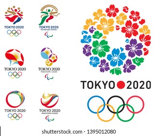 Kiev, Ukraine - May 6, 2019: Set of Tokyo 2020 olympic and paralympic games logos. Printed on paper and placed on white background.