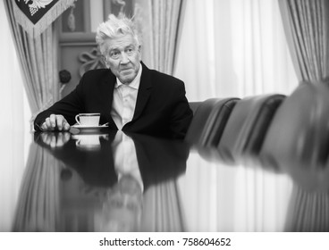 KIEV, UKRAINE - Nov. 18, 2017: Meeting with legendary American film director, screenwriter, producer and actor David Lynch who arrived in Ukraine to open an office of his charitable foundation