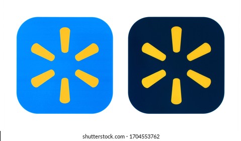 Kiev, Ukraine - November 02, 2019: Walmart old and new icons printed on white paper. Walmart is an American multinational retail corporation.