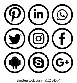 Kiev, Ukraine - November 09, 2016: Set of most popular social media  black logos: Facebook, Twitter,Youtube, Pinterest, Instagram, Google Plus, Linkedin, WhatsApp, Android printed on paper.
