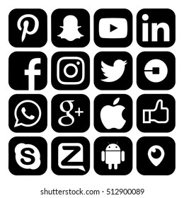  Kiev, Ukraine - November 09, 2016: Set of popular black social media icons printed on paper: Twitter,linkedin, Youtube, Pinterest, Instagram, Facebook,Skype,Google Plus, Blogger, Snapchat, Periscope.