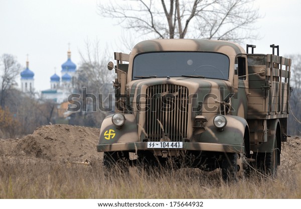 Kiev, Ukraine -\
November 1: German historical military transport is displayed on\
the Field of Battle military history festival on November 1 , 2013\
in Kiev, Ukraine 