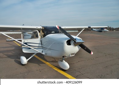 Kiev, Ukraine - November 12, 2010: Cessna 172 Skyhawk parked on the apron of the airport is waiting for the passengers