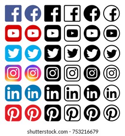 Kiev, Ukraine - November 12, 2017: Set of popular social media icons printed on white paper: Facebook, YouTube, Twitter, Instagram, Linkedln, Pinterest.