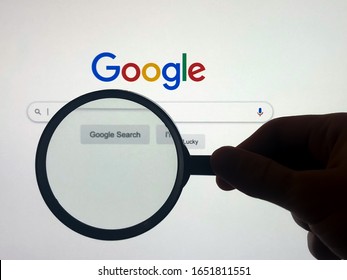 Kiev, Ukraine, November 16, 2019. Google Search Engine Page View Through Magnifying Loupe