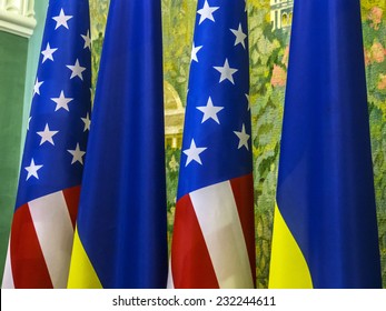 KIEV, UKRAINE - November 21, 2014: US And Ukranian Flags -- US Vice President Joe Biden Announced In Kiev To Increase Military Aid To Ukraine In Its Conflict With Russia. 