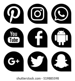 Kiev, Ukraine - November 21, 2016: Set of popular social media icons printed on paper: Twitter, Youtube, Pinterest, Instagram, Facebook,Google Plus, Snapchat, Android,WhatsApp.