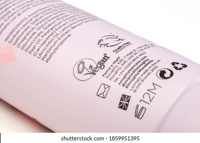 KIEV, UKRAINE - November 23, 2020: Cruelty Free labeling by Cruelty Free International. The mark indicates that products with this mark are not tested on animals, but may contain ingredients of animal