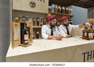 KIEV, UKRAINE - NOVEMBER 25, 2017: Glenlivet Single Malt Scotch Whisky Highland distillery booth at 3rd Ukrainian Whisky Dram Festival in Parkovy Exhibition Center.