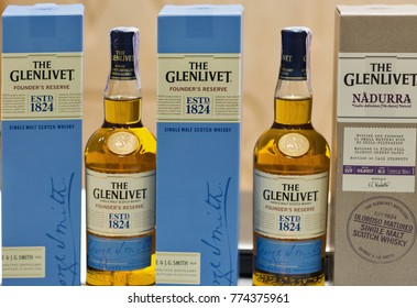 KIEV, UKRAINE - NOVEMBER 25, 2017: The Glenlivet Founders Reserve Single Malt Scotch Whisky bottles closeup at 3rd Ukrainian Whisky Dram Festival in Parkovy Exhibition Center.