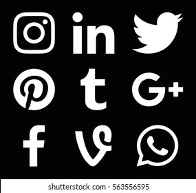 Kiev, Ukraine - November 26, 2016: Collection Of Popular White Social Media Icons Printed On Black Paper: Instagram, Linkedin, Twitter, Pinterest, Tumblr, Google Plus, Facebook, Vine And WhatsApp.