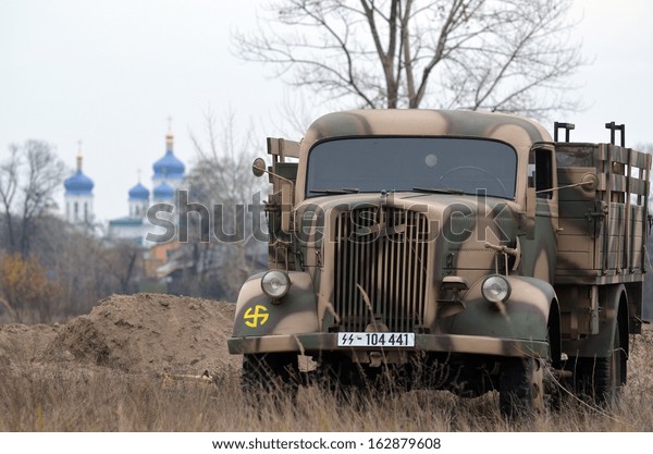 Kiev, Ukraine - November 3: German truck is\
displayed on the Field of Battle military history festival on\
November 3 , 2013 in Kiev, Ukraine\
