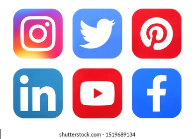 Kiev, Ukraine - october 01, 2019: Facebook, Instagram, Linkedin and other logo. Social network sign printed on paper