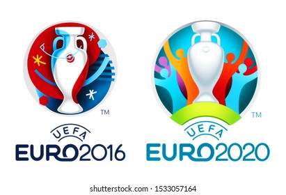 Kiev, Ukraine - October 04, 2019: Official logos of the 2016 and 2020 UEFA European Championships, printed on white paper.