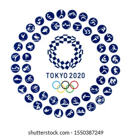 Kiev, Ukraine - October 04, 2019: Official logo of the 2020 Summer Olympic Games with official icons of kinds of sport in Tokyo, Japan, from July 24 to August 09, 2020, printed on paper.