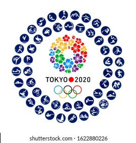 Kiev, Ukraine - October 04, 2019: Tokyo Candidate City logo for the 2020 Summer Olympic Games with official icons of kinds of sport in Tokyo, Japan, from July 24 to August 09, 2020, printed on paper.