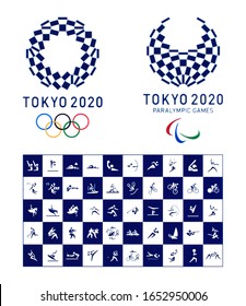 Kiev, Ukraine - October 04, 2019: Official logo of the 2020 Summer Olympic Games with official icons of kinds of sport in Tokyo, Japan, from July 24 to August 09, 2020, printed on paper