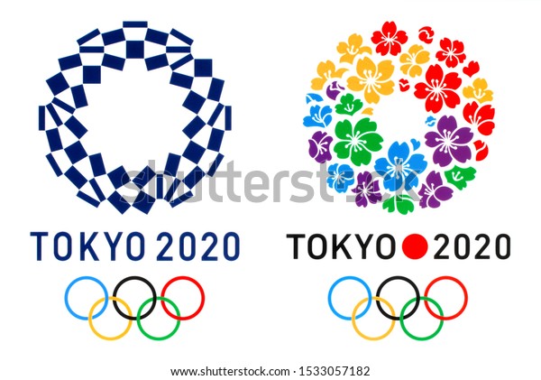 Kiev, Ukraine - October 04, 2019: Official logo\
of the 2020 Summer Olympic Games in Tokyo, and logo of Tokyo\
Candidate City, printed on\
paper.