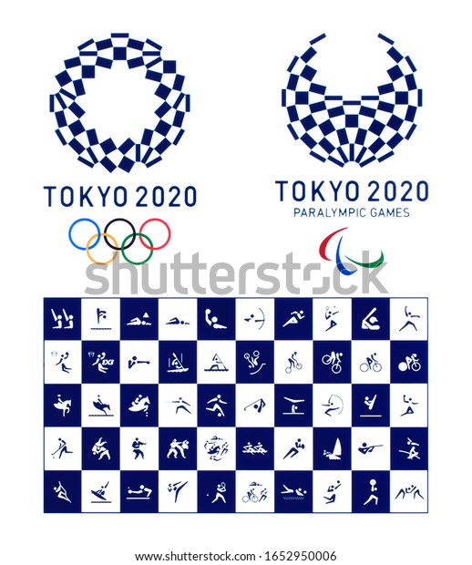 Kiev, Ukraine - October 04, 2019: Official logo of\
the 2020 Summer Olympic Games with official icons of kinds of sport\
in Tokyo, Japan, from July 24 to August 09, 2020, printed on\
paper