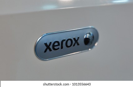 KIEV, UKRAINE - OCTOBER 07, 2017: Xerox Logo, American Electronics Company That Sells Document Solutions, Booth At CEE 2017, The Largest Electronics Trade Show Of Ukraine In KyivExpoPlaza EC.