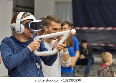 KIEV, UKRAINE - OCTOBER 07, 2017: Man In Virtual Reality Helmet Have Fun At Booth During CEE 2017, The Largest Consumer Electronics Trade Show Of Ukraine In ExpoPlaza Exhibition Center.