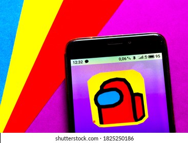Kiev, Ukraine, October 1, 2020. Editorial illustrative. In this photo illustration a Among Us! appliance by InnerSloth LLC logo is seen displayed on a smartphone