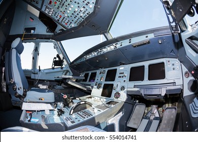 Kiev, Ukraine - OCTOBER 10, 2014: Airbus A320 Cockpit. Airplane Cockpit.