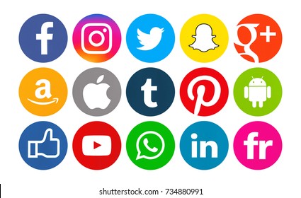 Kiev, Ukraine - October 10, 2017: Set of popular social media icons printed on white paper: Facebook, Instagram, Snapchat, Google Plus,Twitter, Tumblr, Youtube, Pinterest, Android, Amazon, Linkedln.
