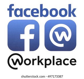 Kiev, Ukraine - October 11, 2016: Facebook and Workplace logos printed on white paper. Workplace is online social media and social networking service for business
