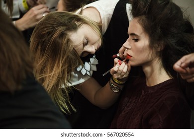 KIEV, UKRAINE - OCTOBER 13, 2016: Makeup Artist At Work Backstage Ukrainian Fashion Week SS'2017