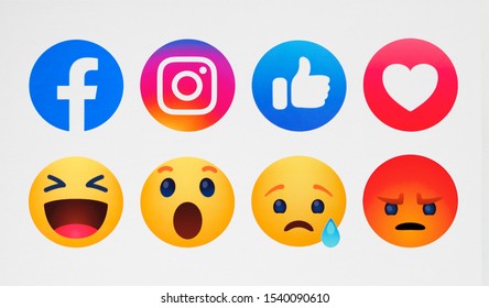 Kiev, Ukraine - October 15, 2019:  Instagram, New Facebook Like Button  Empathetic Emoji Reactions Printed On Paper.