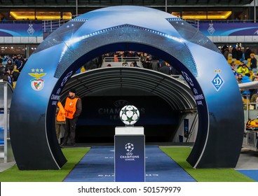 KIEV, UKRAINE: October 19, 2016:  The Ball Of The Champions League On A Pedestal Close-up During The UEFA Champions League Game Between FC Dynamo Kiev Vs SL Benfica At NSC Olympic Stadium 