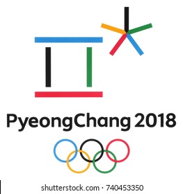 Kiev, Ukraine - October 21, 2017: Official logos of the 2018 Winter Olympic Games in PyeongChang, Republic of Korea printed on paper