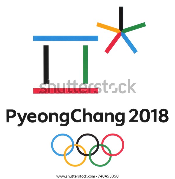 Kiev, Ukraine - October 21, 2017: Official logos of\
the 2018 Winter Olympic Games in PyeongChang, Republic of Korea\
printed on paper