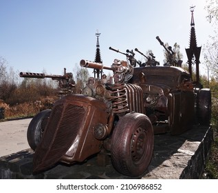 Kiev, Ukraine October 26, 2021: film studio "Victoria film", sculpture - a car from the movie "Mad Max" made in iron